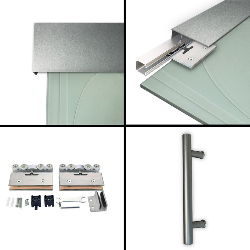 Frameless Glass Sliding Barn Door with Sandblasted Modern Design + Hardware Kit (Semi-Private), 47" x 84", Left Handing