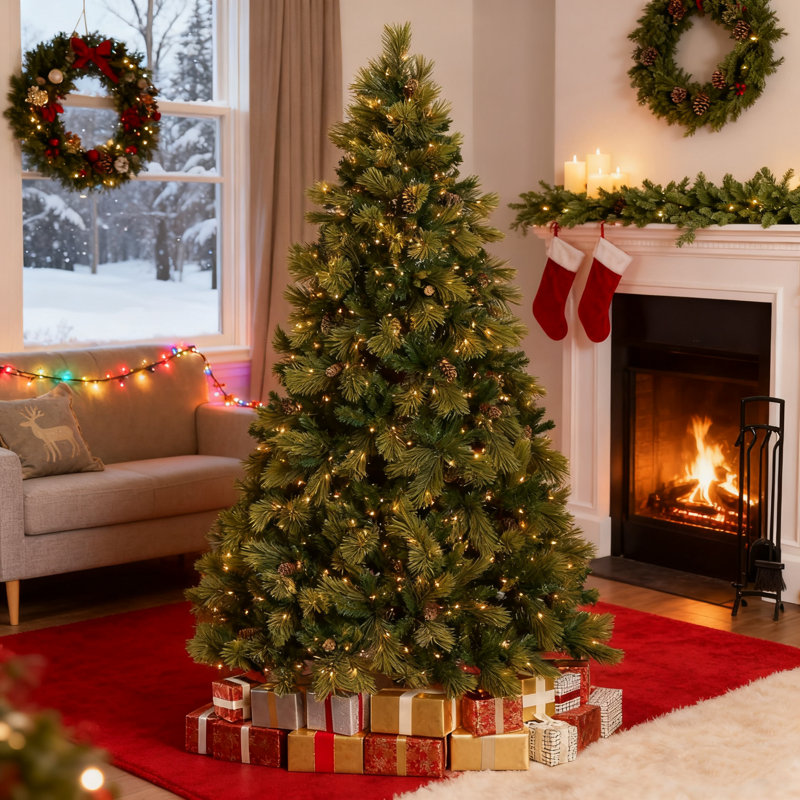Arbre de Noël artificiel 7,5 pi avec 750 lumières claires et pommes de pin préinstallées, 1399 branches, support en métal pour décoration de maison de vacances