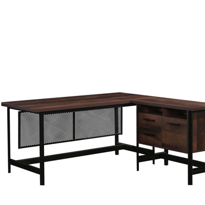 Bureau d'ordinateur industriel en forme de L, finition brune