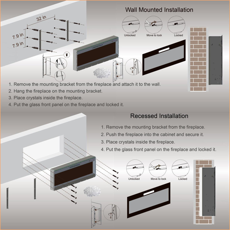 Electric Fireplaces, 60 Inch Recessed & Wall Mounted | Vent Free | Tempered Glass+Sheet Metal+Plastic