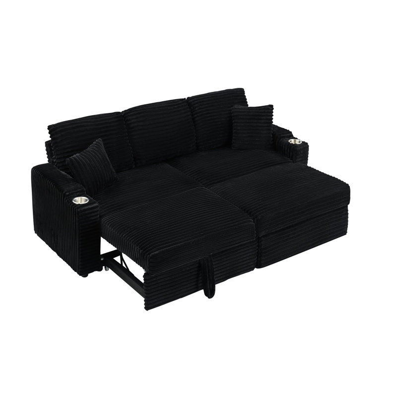 Chaise longue pliable cachée en velours côtelé noir avec porte-gobelet, repose-pieds et rangement pour un appartement moderne vivant au calme