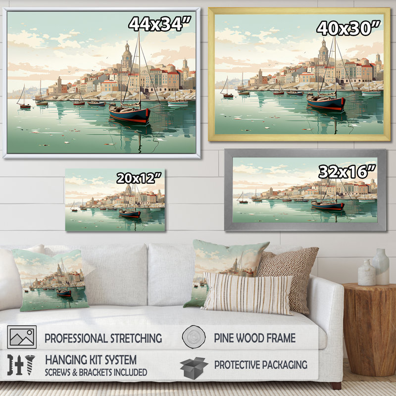 Vieux port au sud de l'Italie - Italie, salon d'art mural, Cadre simple argenté, H 16 po x l 32 po x P 1 po