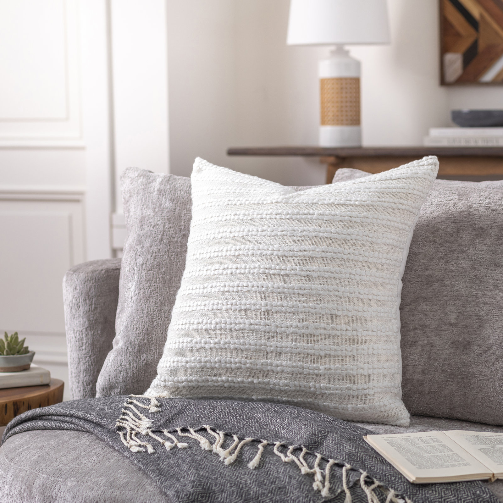 Amora Embroidered Cotton Pillow Cover, White, 18" x 18", Down