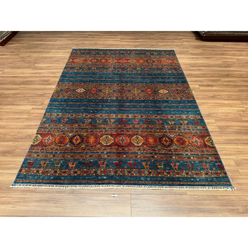 Tapis bleu original en laine et coton noué à la main