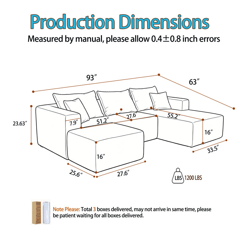 92.5" Modular Boneless Sectional Compression Sofa, U-shaped Modern Corduroy Couch Set No Assembly Required, Right Hand Facing