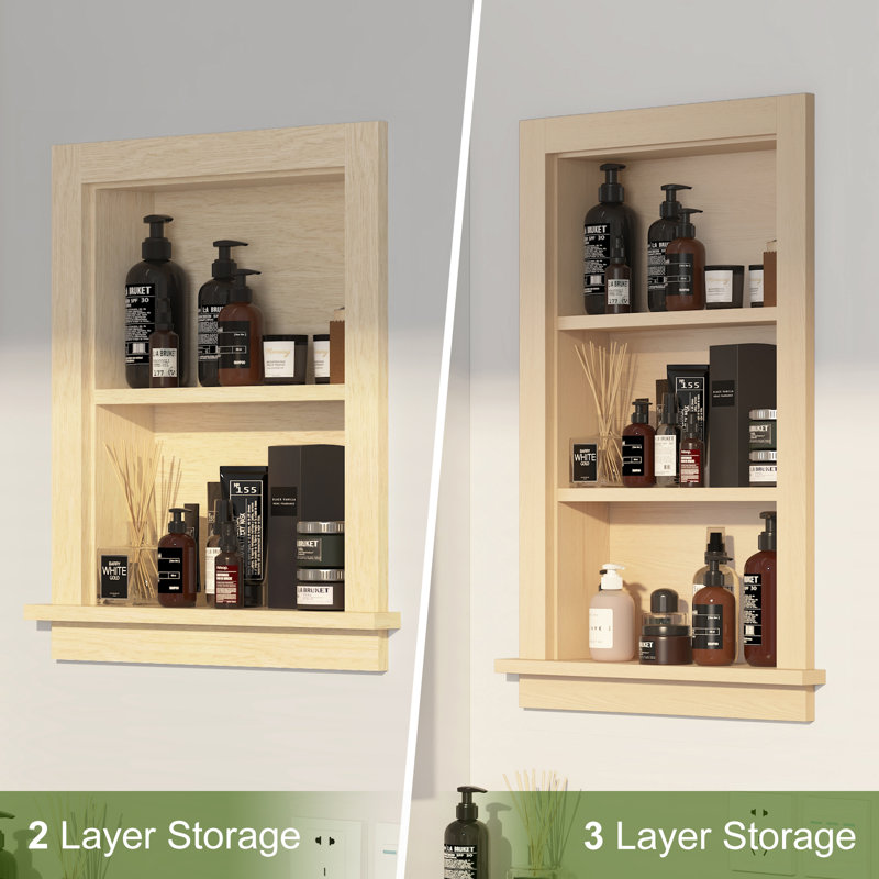 17.5"W X 4"D X 20.3"H Wall Niche Double Shelf Wood Recessed Shower Niche Cabinet Rectangle, Natural