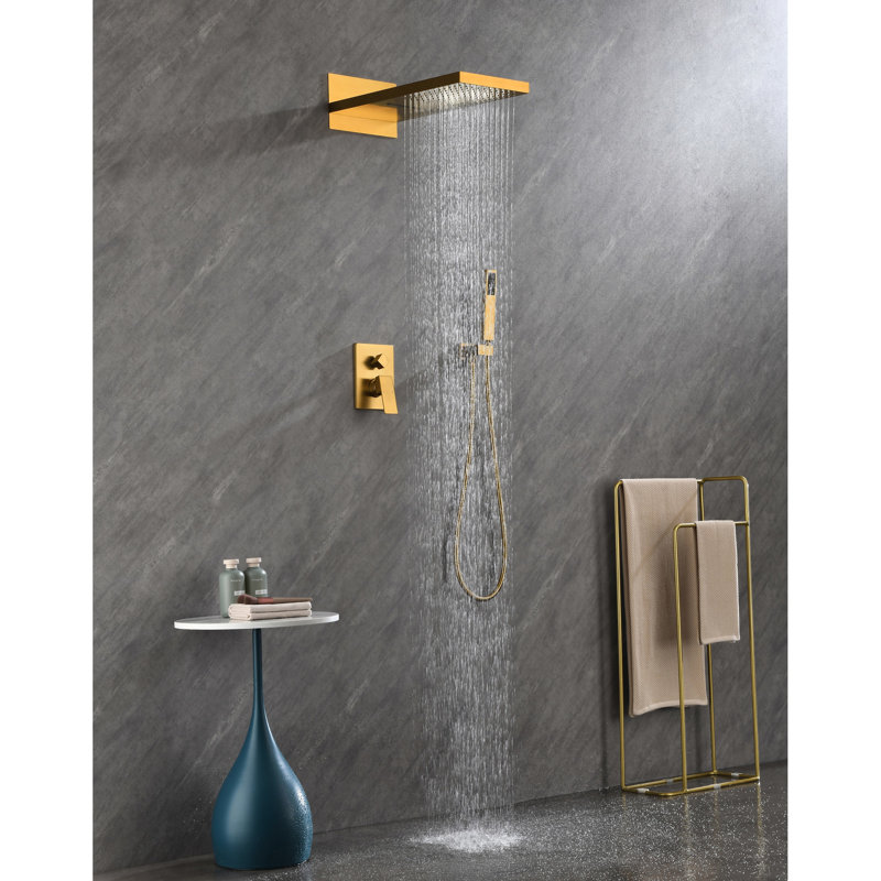 Robinet de douche en laiton doré avec système de 3 têtes à main et rectangulaire