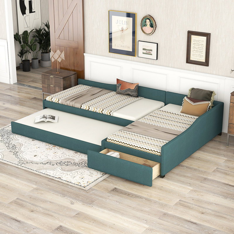 Upholstered Double Twin Size Daybed With Trundle And Drawer, Green