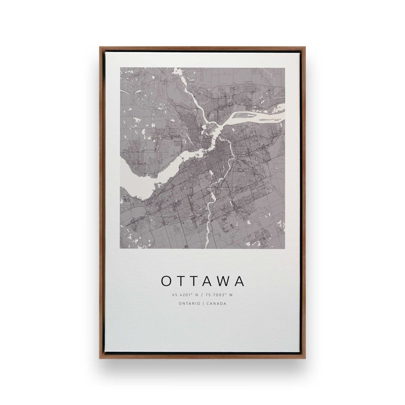 Ottawa Street Map, reproduction d'art sur toile, Cadre flottant en noyer, 12 po x 18 po