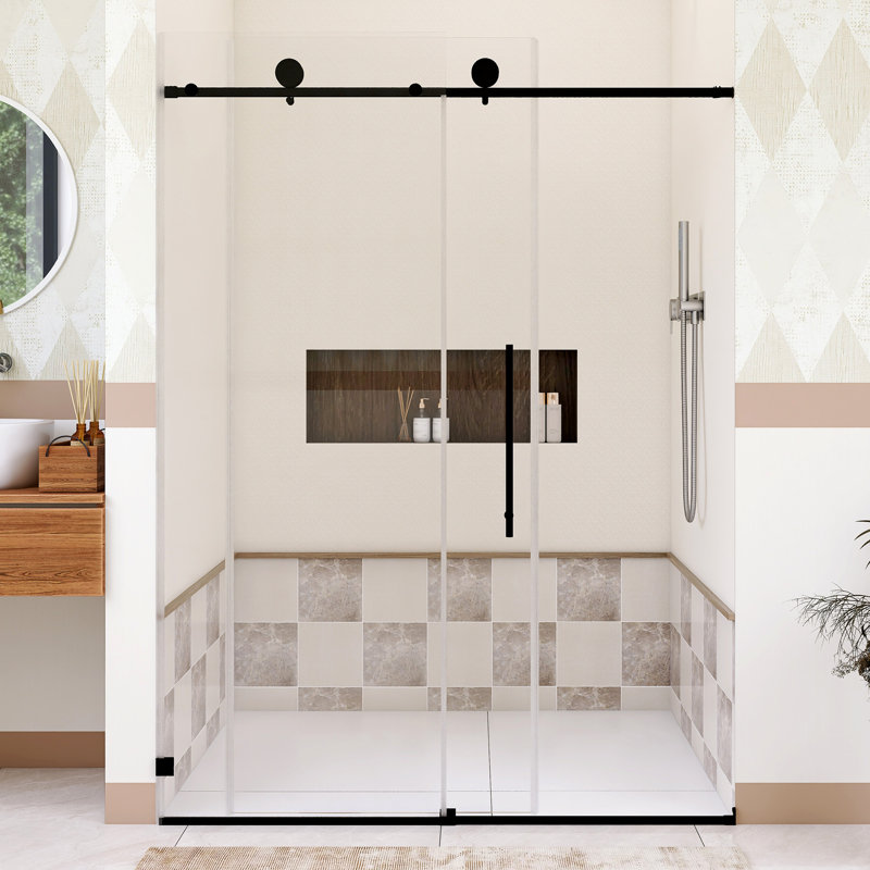 54 po X P 76 po H Porte de douche coulissante sans cadre au fini noir mat, Noir mat
