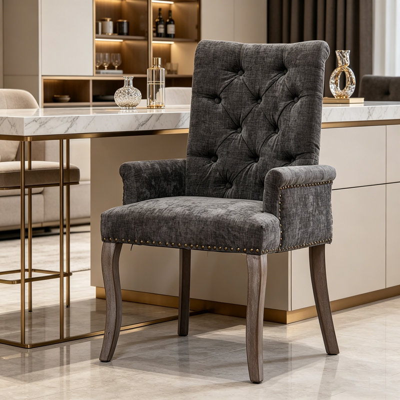 Chaise rembourrée d'appoint en chenille avec pieds courbés en bois massif, dossier capitonné, support ergonomique et chaise club intemporelle pour la salle à manger ou le salon.