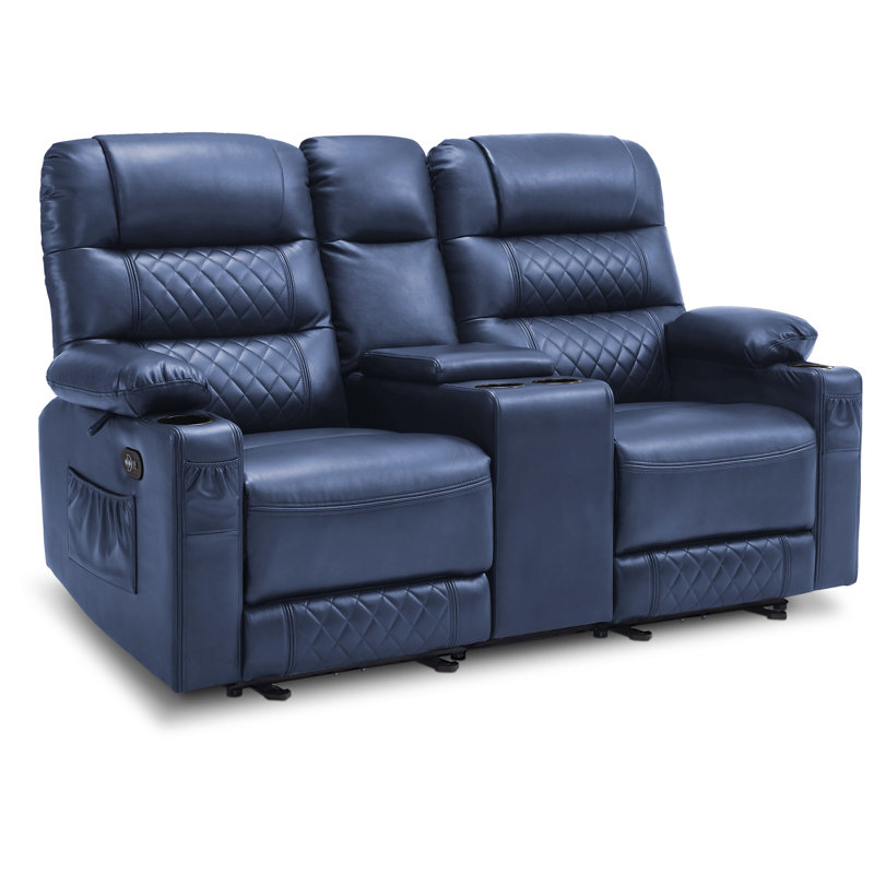 Power Loveseat Recliner with Console, Electric Reclining Loveseat Sofa with Heat and Vibration, Navy Blue