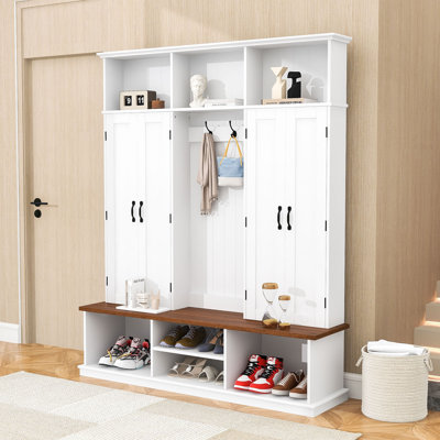 Farmhouse Hall Tree with Bench, 6 Hooks, Cabinets and Bottom Shoe Storage