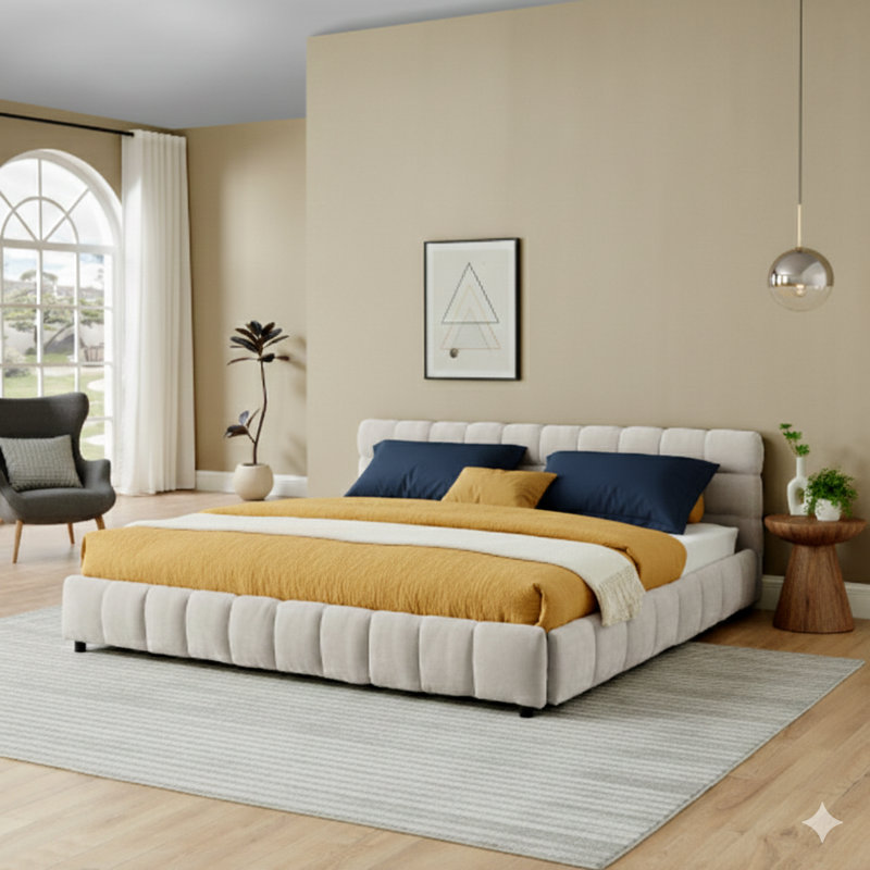Structure de lit tapissier très grand, offrant un confort avec un extérieur en tissu chenille. Comprend une tête de lit, une structure solide et un tiroir de rangement. Dimensions: 88,5 po x 85,5 po x 31 po. Disponible en beige.