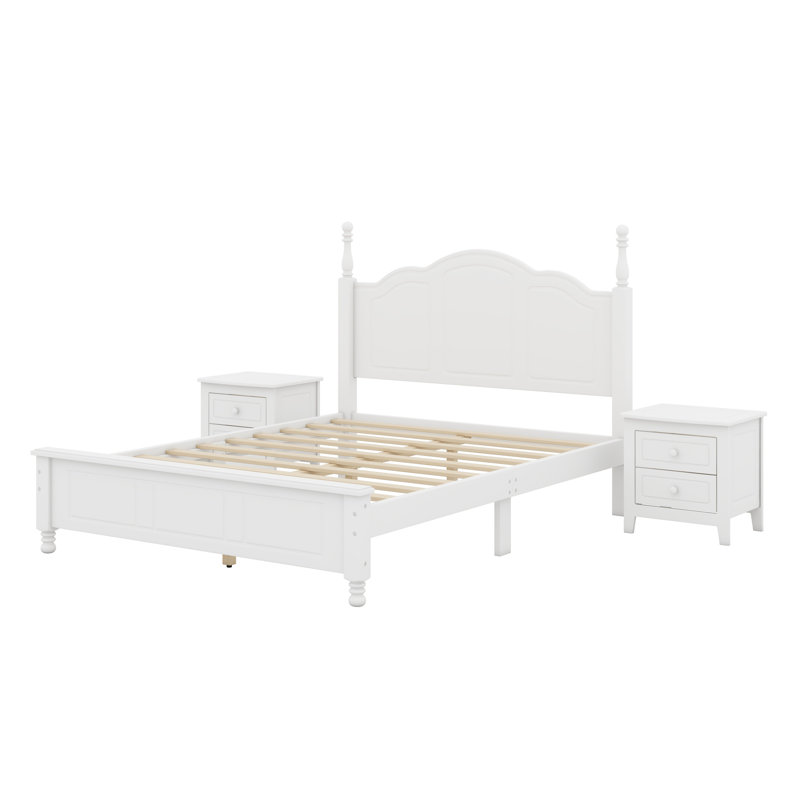 Wood Platform Bed And Two Nightstands, White