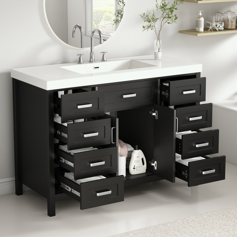 Bathroom Vanity with Sink, 2 Doors and 8 Drawers, Black