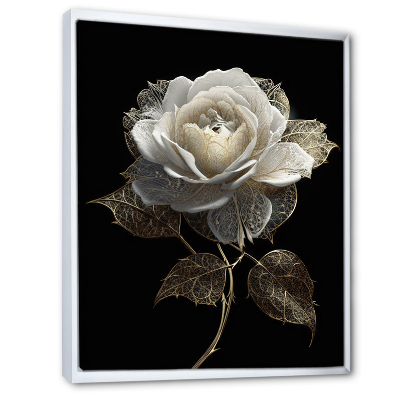 Rétro portrait de rose blanche sur fond noir sur toile, 44" H x 34" W, Cadre flottant blanc