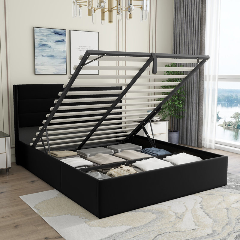 Denicolais Hydraulic Lift Up Upholstered Storage Bed with Wingback Headboard, Linen Black, Queen