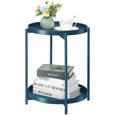 Table d'appoint à 2 niveaux, table de chevet ronde en métal avec plateau amovible, petite table d'appoint, table de chevet antirouille pour chambre, balcon, terrasse, salon (bleu marine)