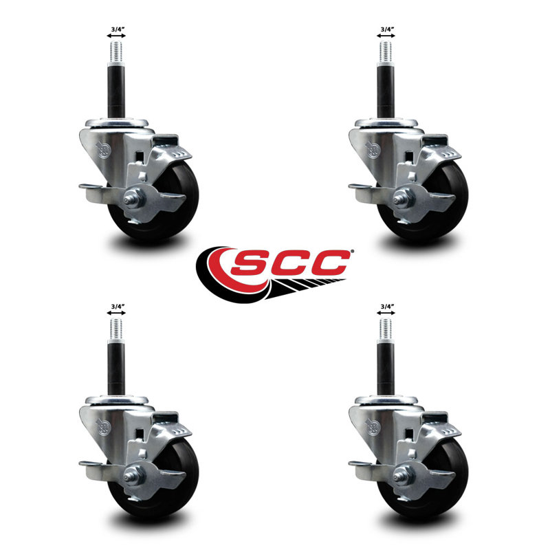 Ensemble de roulettes extensibles pivotantes en caoutchouc souple 3 pouces 3/4 pouces avec frein SCC