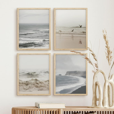 Ocean Beach Seashore Coastal Pictures Neutral Nautical Framed Wall Art 4 Pieces Paper Print