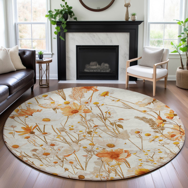 Premium Machine Washable Sykora AMF1500 Floral Rug, Round 8'