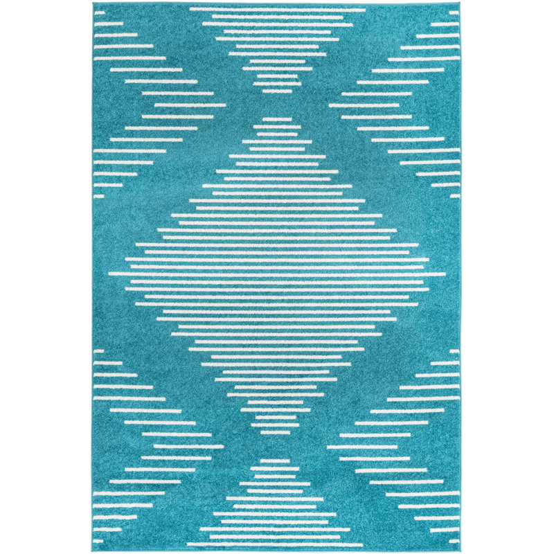 Tapis géométrique tissé à la machine en polypropylène turquoise, Rectangle 6 pi x 9 pi