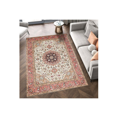Machine Washable  Orange Border Detailed Ancient Patterned Woven Base Modern Decorative Rug