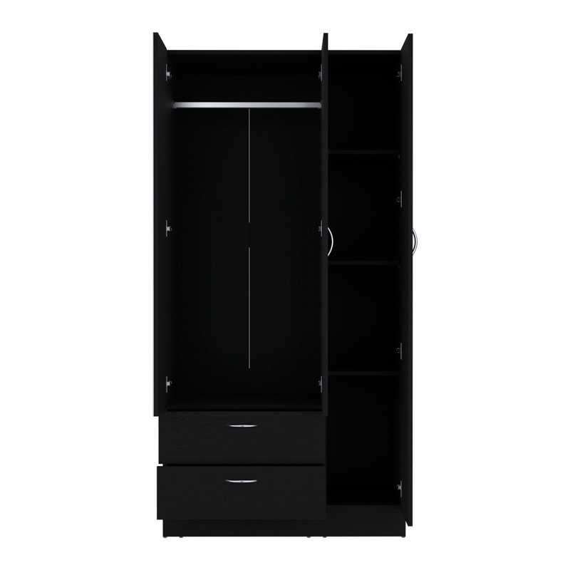 Armoire à miroir 3 portes Riverside avec deux tiroirs, quatre tablettes et une tringle, Black