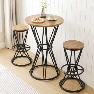 31.5" Round Bar Table Set With 2 Stools, 3-piece Modern Industrial Pub, Geometric Metal Base For Small Spaces