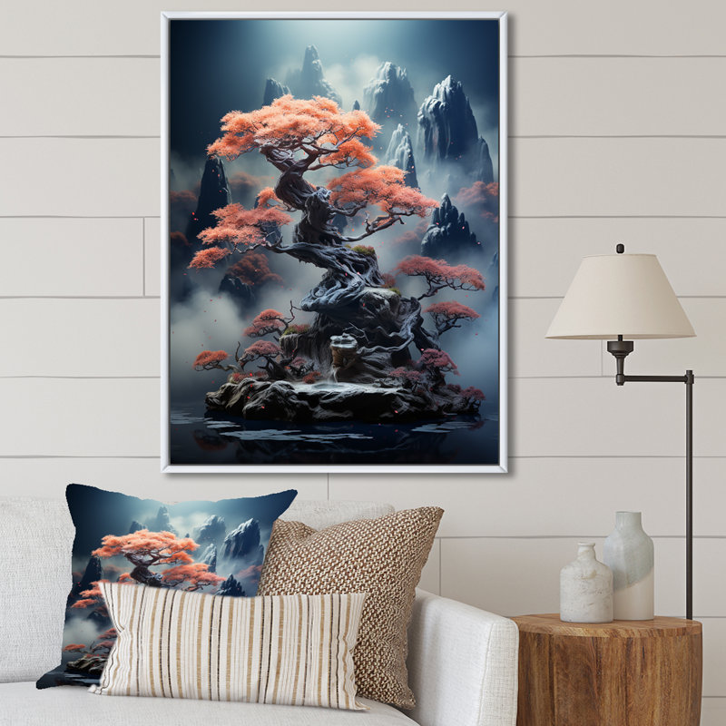 Mystical Bonsai 2 - Art mural bonsaï, H 32 po x l 16 po x P 1 po, Cadre flottant blanc