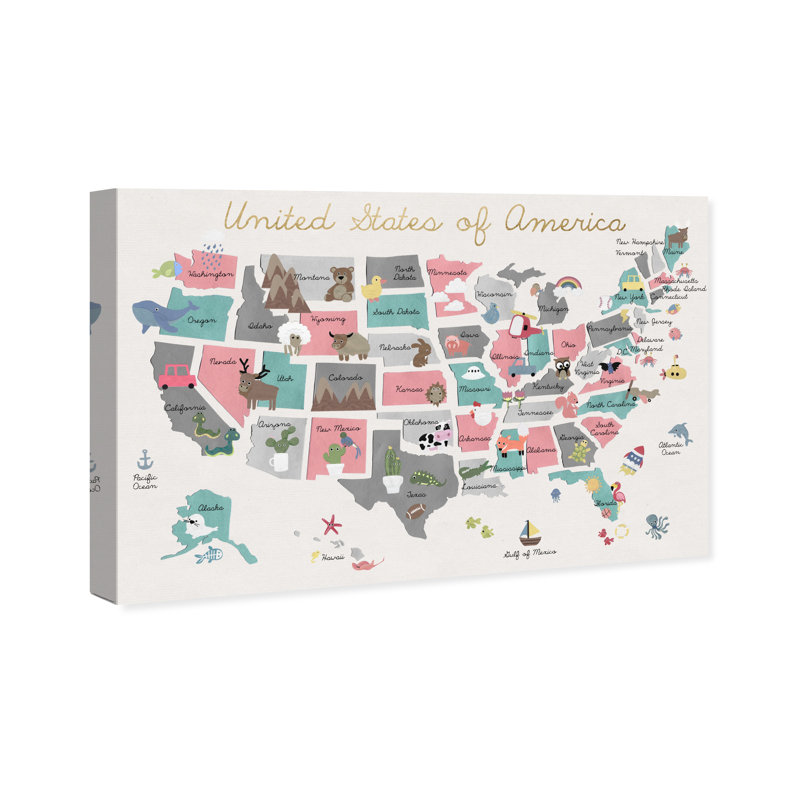 Cartes et drapeaux Aeliana «Fun Pastel Map American Country», reproduction d'art sur toile, H 10 po x l 15 po x 1,5 po