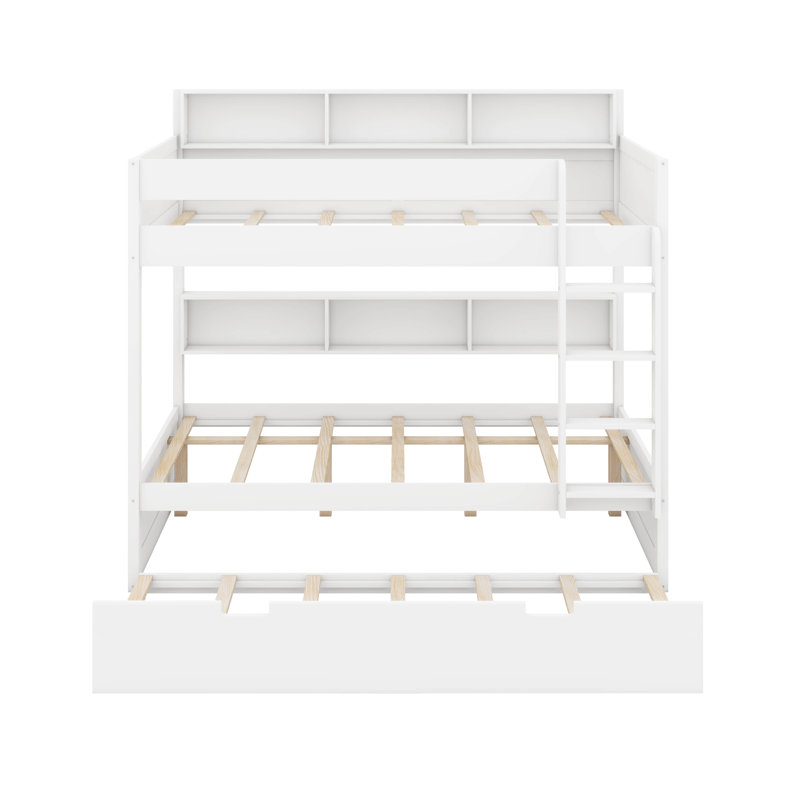 Lit superposé avec lit gigogne et tablettes de rangement, lit superposé en bois avec échelle et garde-corps, Blanc