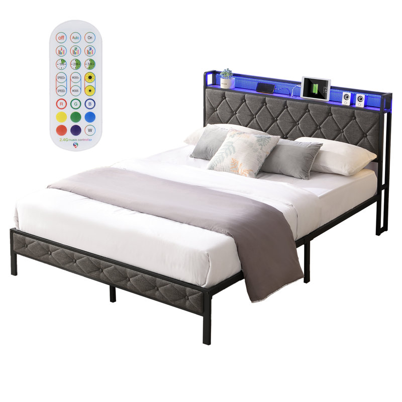 Lit plateforme tapissier avec tête de lit avec rangement et lumières DEL - gris foncé, lattes en métal, aucun sommier requis