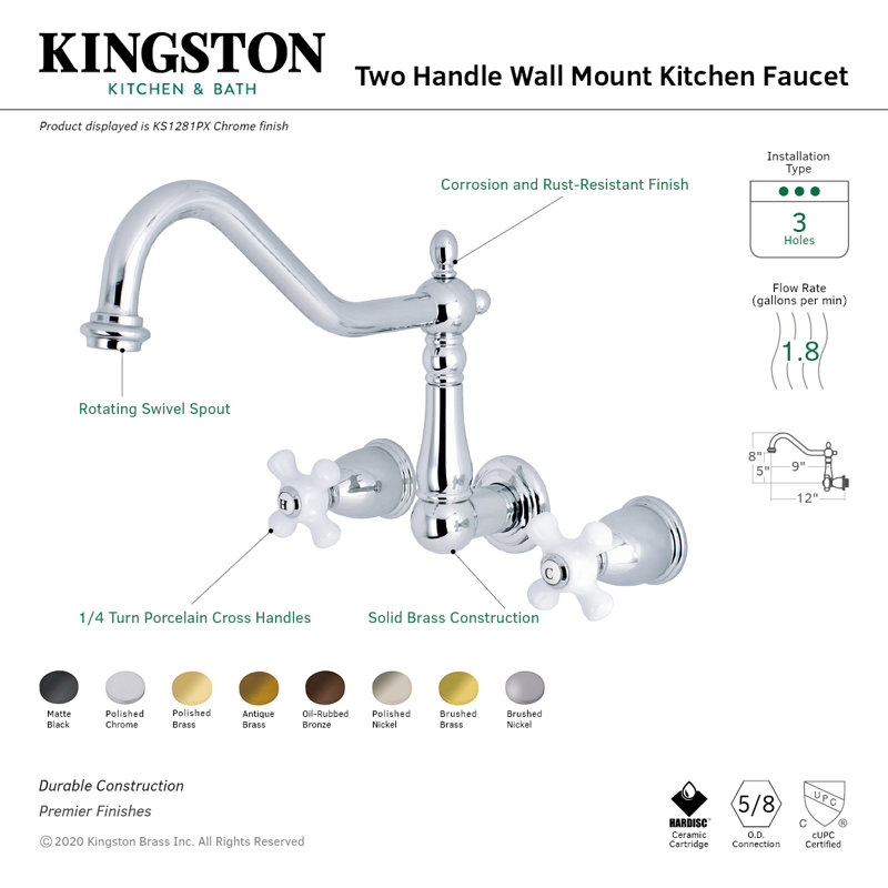 Robinet de cuisine mural à 3 trous Kingston Brass Heritage, Chrome poli
