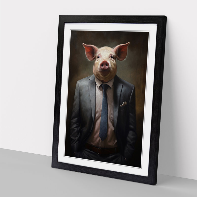 Pig In A Suit Painting - Single Picture Frame Print on Wood, Black Framed, 46cm H x 34cm W x 2cm D