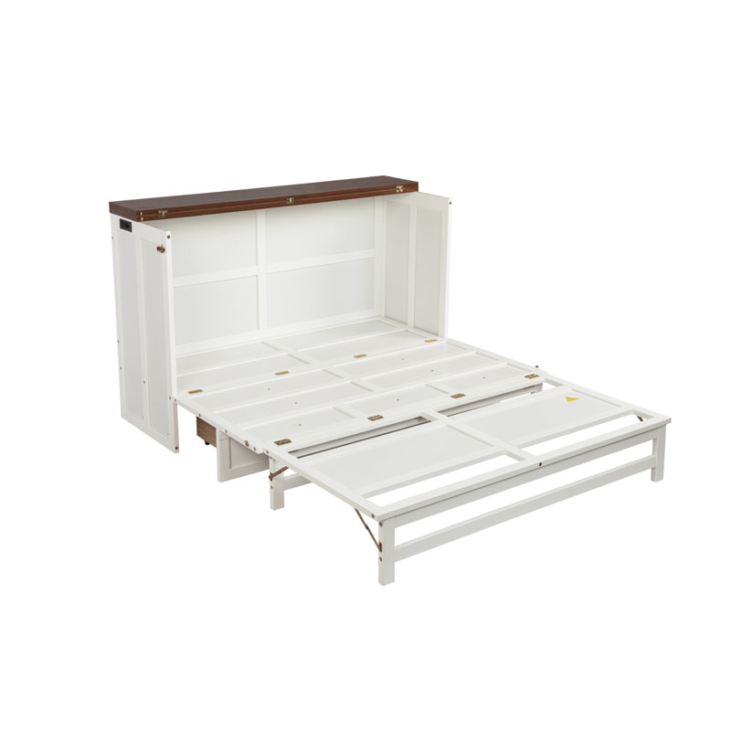 Grand lit escamotable avec tiroir de rangement et station de charge Murphy, port USB, cadre de lit escamotable en pin massif pour bureau à domicile, studio ou chambre d'amis, noyer blanc