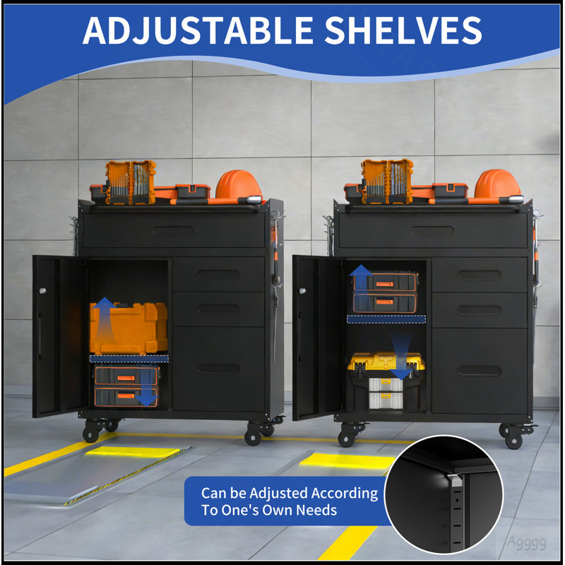 Armoire de rangement pour outils 34,3 po - Organisateur de garage avec compartiment verrouillable et 4 tiroirs, coffre en acier pour atelier et garage