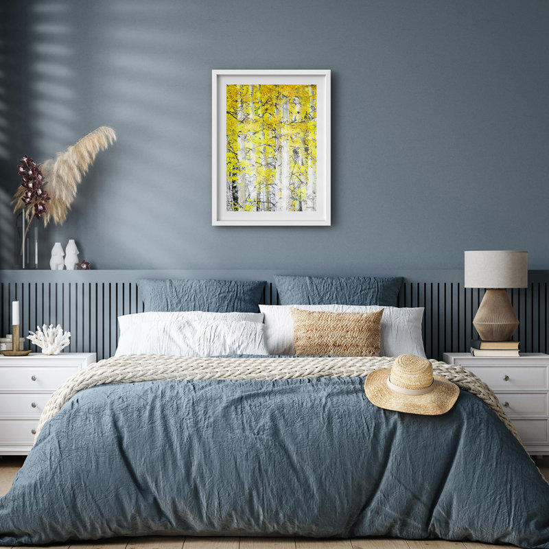 Bouleaux avec feuillage jaune, feuilles jaunes éclatantes, Illustration de la nature, petit décor, Blanc, H 10 po x l 8 po