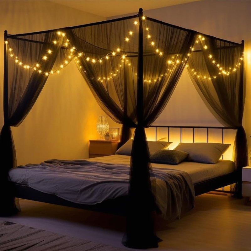 Mosquito Net Bed Canopy For Double Bed - Black 4 Corner, 170 X 220 X 200Cm