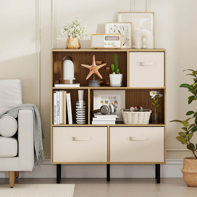 41.5'' H X 35.5'' W 6-Cube Bookshelf with 3 Removable Folding Fabric Drawers Metal Legs for Living Room
