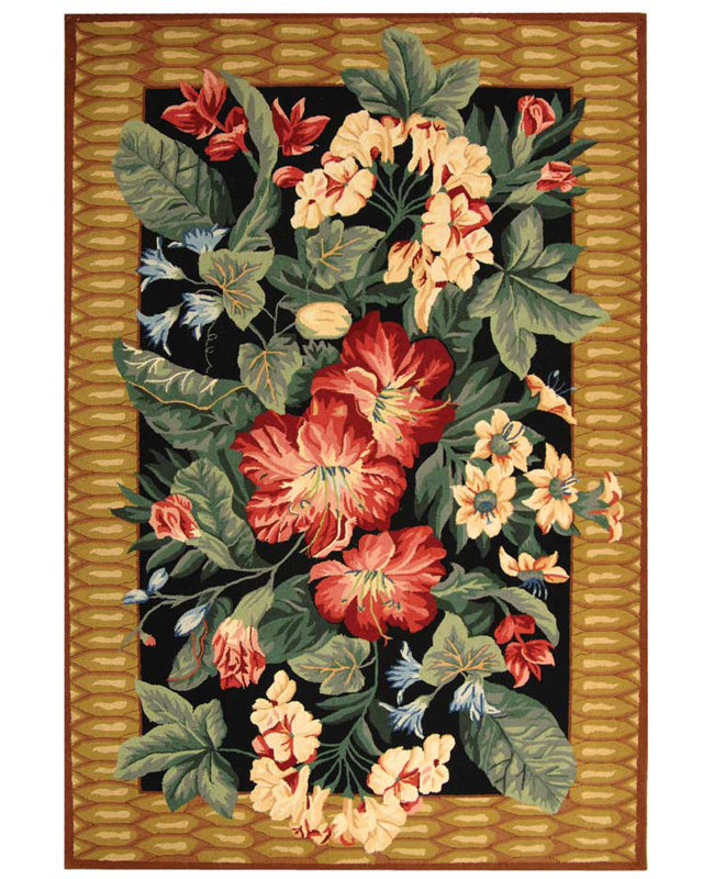 Handmade Black Floral Wool 6' x 9' Area Rug