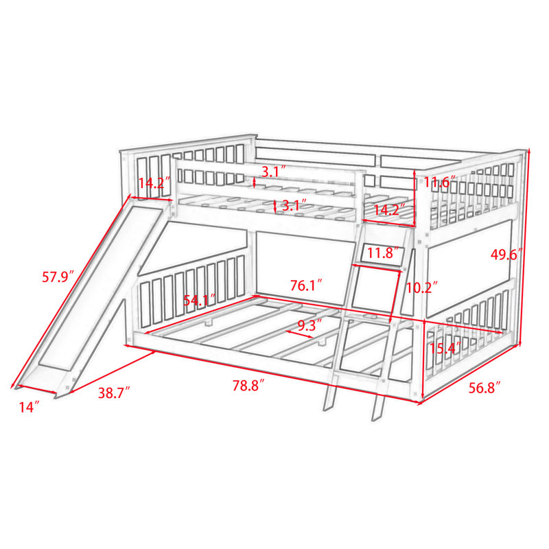 Full Over Full Bunk Bed with Slide and Ladder, Gray