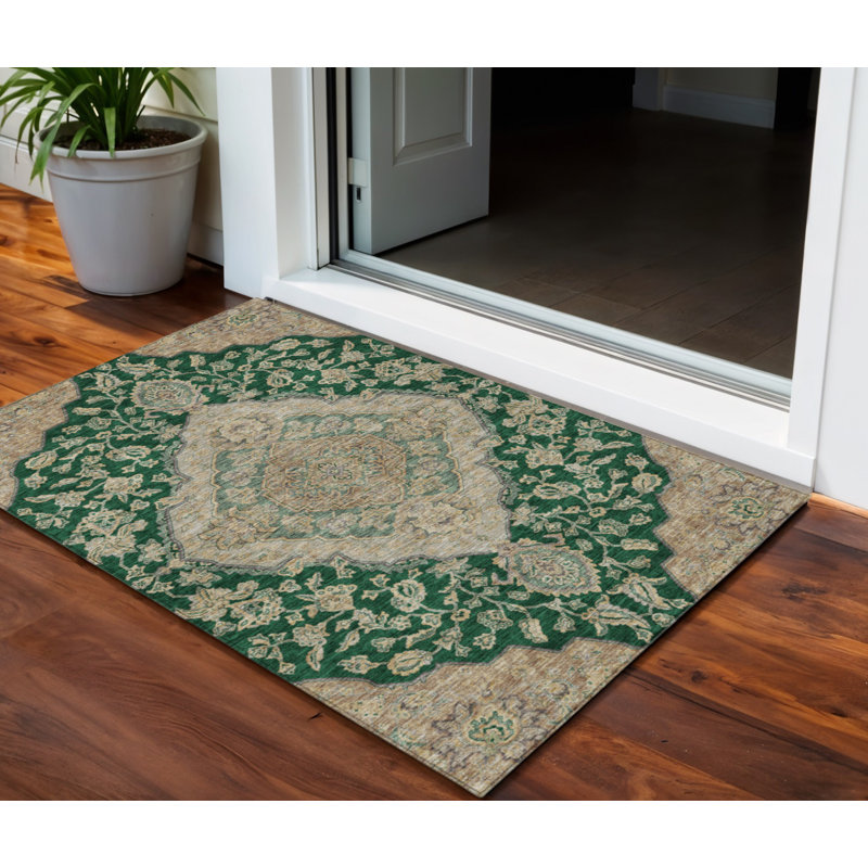 Tapis intérieur / extérieur oriental lavable beige et brun 3 pi x 5 pi Emerald