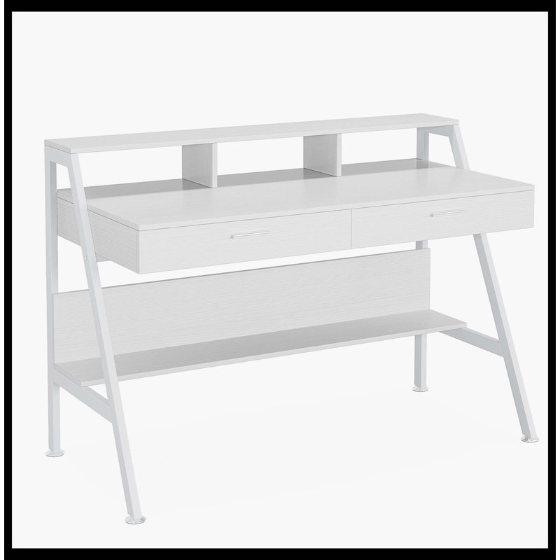Bureau d'ordinateur blanc, bureau d'écriture de 47 po avec tablette de rangement et tiroirs