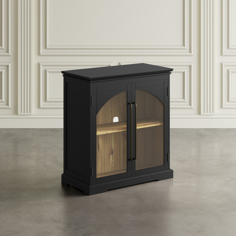 Sherree 33" Gothic Modern Arch Transitional Accent Storage Cabinet with Glass Doors, Black