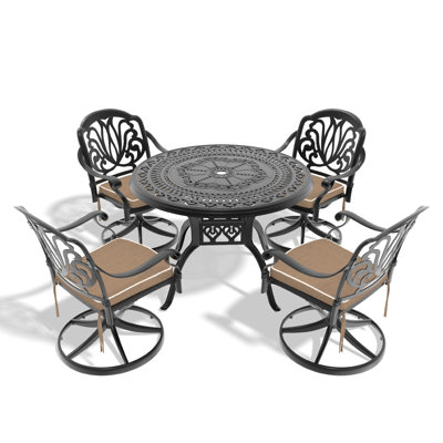 L'ensemble de salle à manger en aluminium coulé Allweather comprend des chaises pivotantes et une table ronde de 39,37 po avec un cadre noir