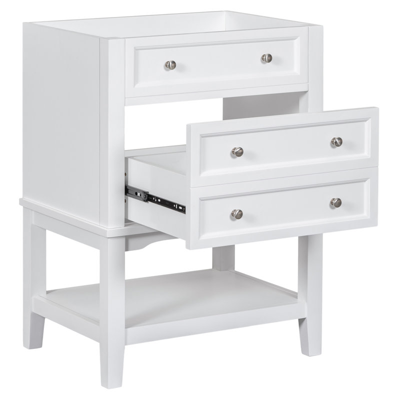 Meuble-lavabo 24 po sans lavabo, base seulement, structure en bois massif, armoire de rangement avec tiroir et tablette ouverte, blanc
