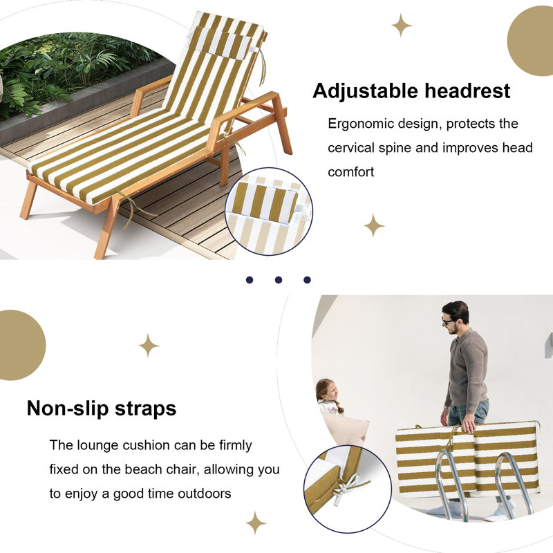 All-Weather Outdoor Chaise Lounge Cushion - Uv/Waterproof Memory Foam, Adjustable Headrest, Fits 70-72" Patio Chairs, Indoor/Outdoor Use