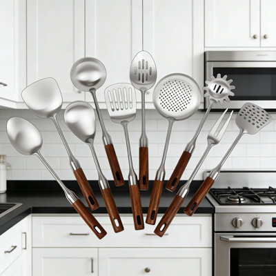Ensemble d'ustensiles de cuisine en acier inoxydable 10 pièces avec poignées en bois - Outils de cuisson professionnels résistants à la chaleur pour faire sauter, sauter et cuire